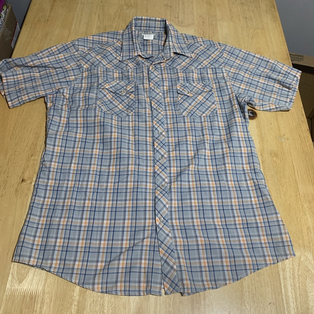 Wrangler Wrancher Pearl Snap Shirt Mens XL Short Sleeve Blue Plaid‎ Pen Pocket